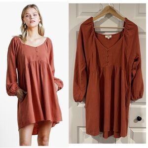 Umgee Terracotta Sweetheart Neckline Linen Cotton Dress Sz M Cottagecore Boho
